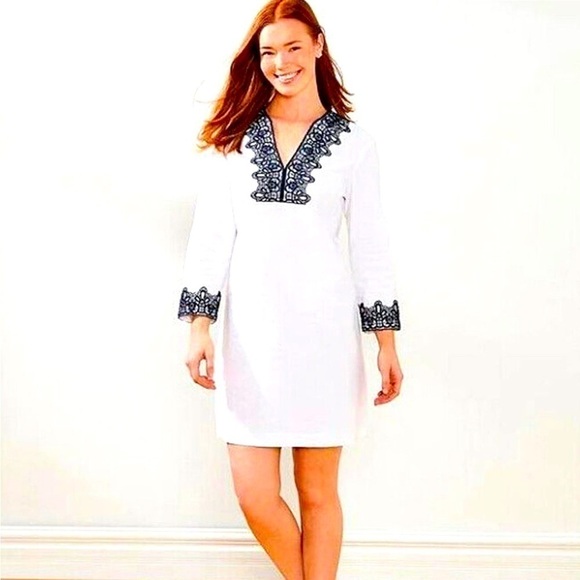 Preston & York, white and navy stretch linen,  embroidered dress, size 6 NWT - Picture 1 of 2